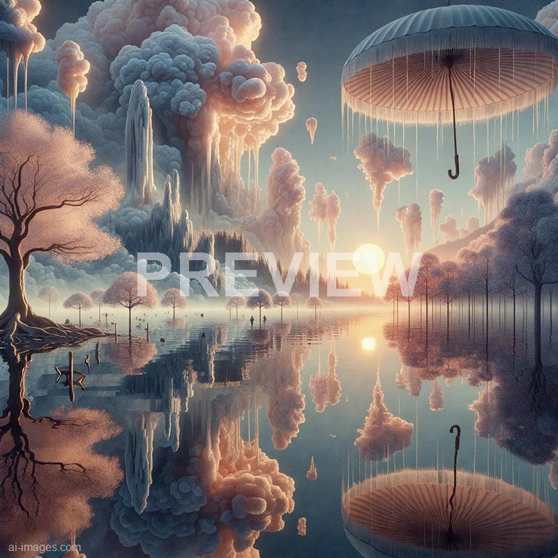 A surreal landscape featuring a serene body of water reflecting the sky and surrounding elements. The sky is filled with large, fluffy clouds and towering, jagged mountain formations, all bathed in a warm, setting sun glow. An oversized umbrella with a hook hangs from above, with thin, hanging strings, adding to the dreamlike atmosphere, while the water mirrors the fantastical scene perfectly.